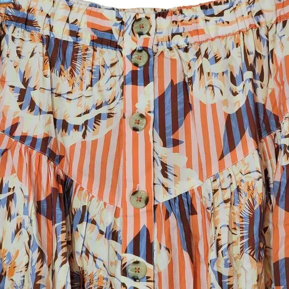 Anthropologie Stripe Floral Button Front A-Line Midi Skirt Cotton Red Blue S - Picture 4 of 15